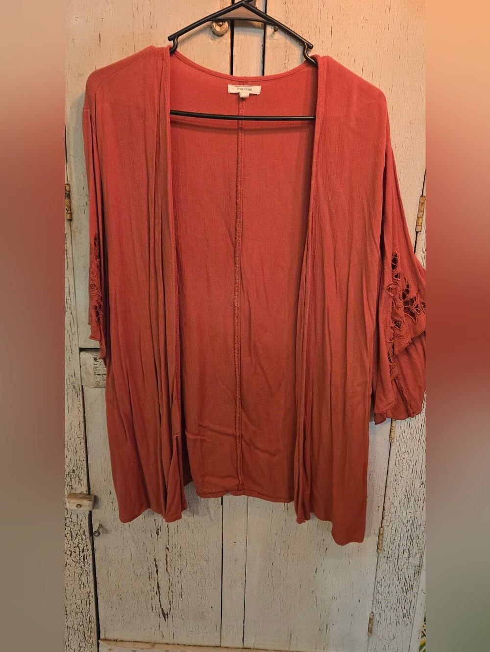 Maurices Rust Embroidered Bell Sleeve Open Front Cardigan Kimono Size Small